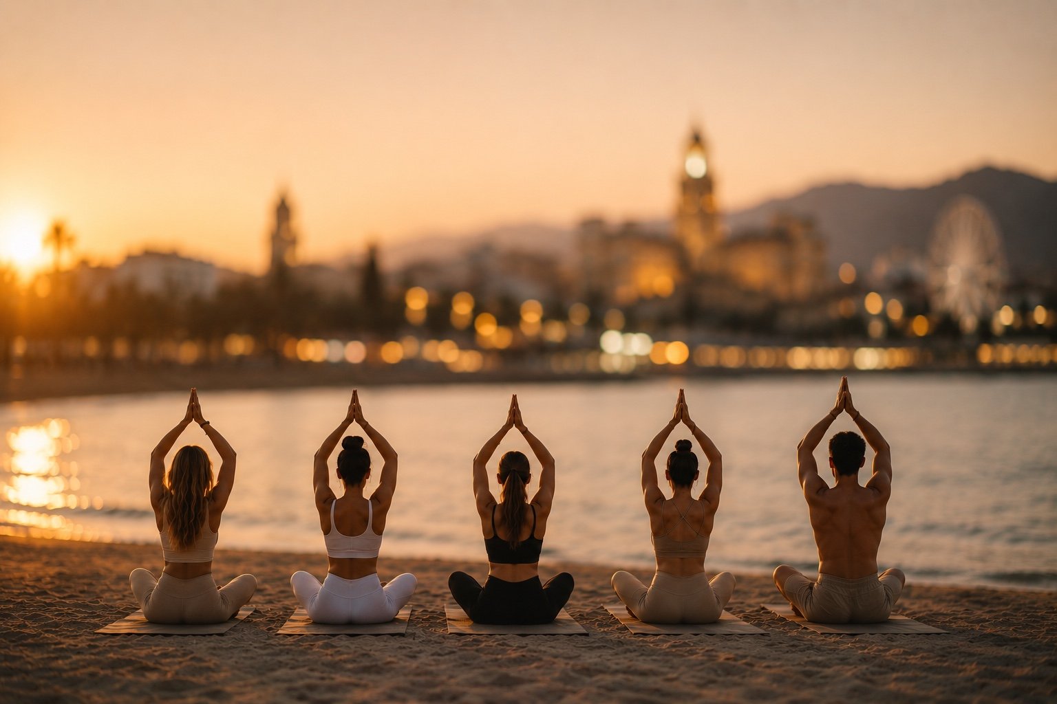 Five people doing yoga on a Málaga beach at golden hour
